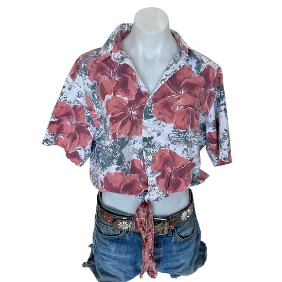 Hawaiian Shirt Tropical Button Down Crop Top One Size Oversized Hibiscus Unique - Picture 1 of 6